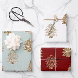 Rot Grüne Minze Gold Glitter Glam Weihnachtsbäume Geschenkpapier Set