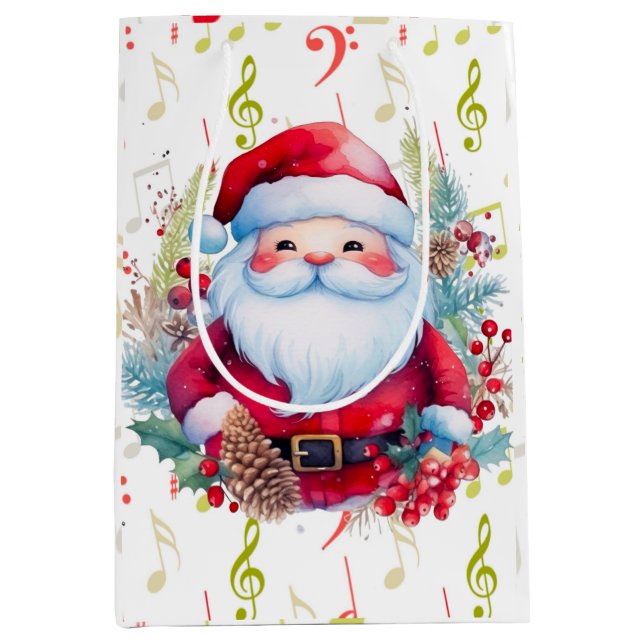 Rot grüne Musiknoten und der Weihnachtsmann Mittlere Geschenktüte (Vorderseite)