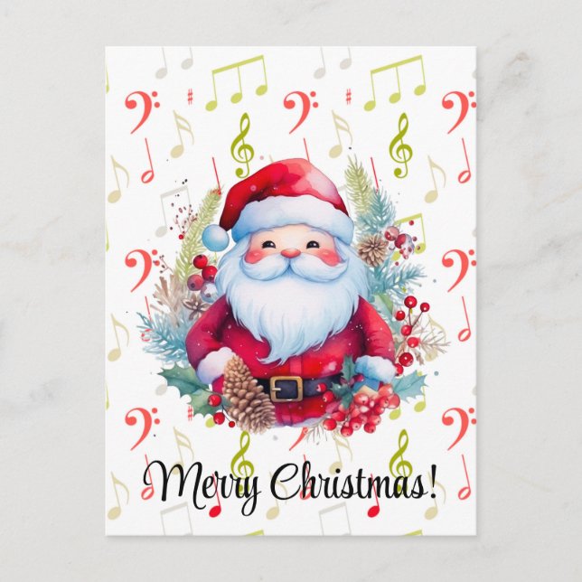 Rot grüne Musiknoten und der Weihnachtsmann Postka Postkarte (Vorderseite)