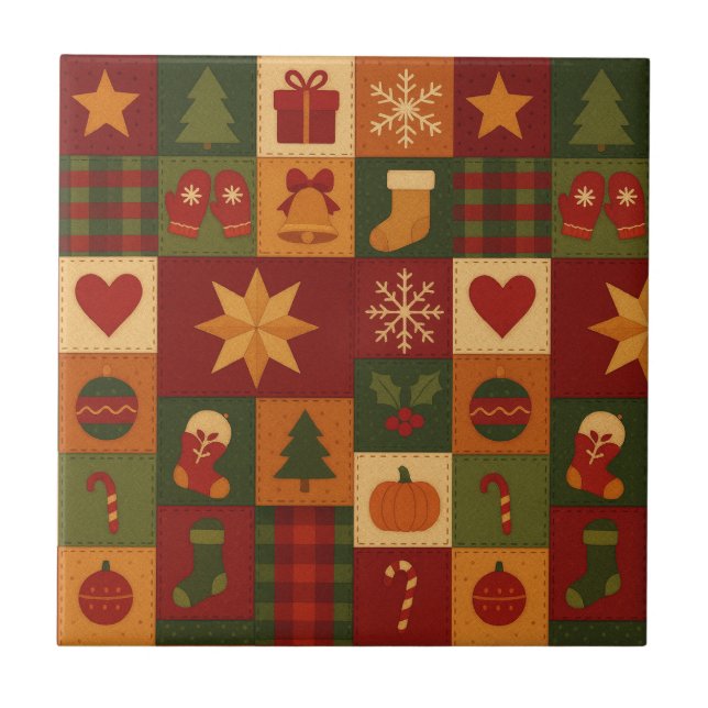 Rot-grüne Patchwork-Quiltdecke Rustikales Farmhaus Fliese (Vorderseite)