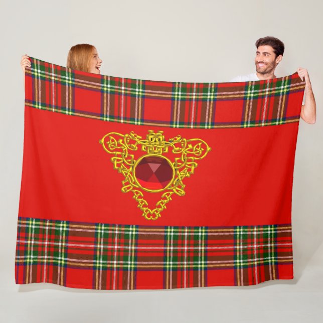 ROT GRÜNE SCOTTISH TARTAN, GOLD ZELLTIKKNOTEN HERZ FLEECEDECKE (Beispiel)