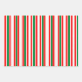 Rot-grüne Streifen und Goldstars Geschenkpapier Set