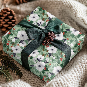 Rot Grüne Weiße Weihnachtsblumen Winter Muster Geschenkpapier