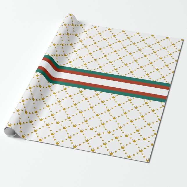 Rot|Grüner Streifen| Gold Crown Muster Royal Geschenkpapier (Ungerollt)