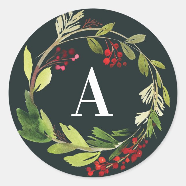 Rot + grünes Aquarellgrün Weihnachten Runder Aufkleber (Vorderseite)