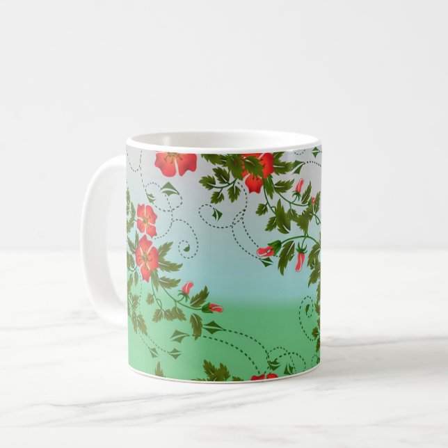Rot-grünes Blumenmuster Kaffeetasse (Vorderseite Links)