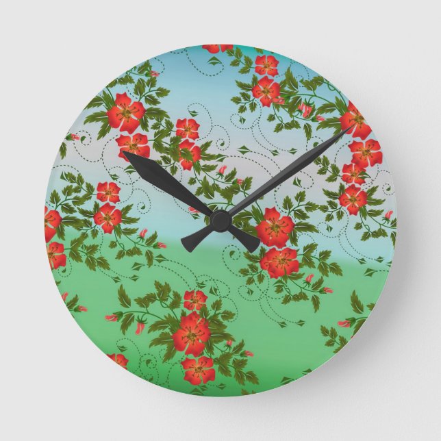 Rot-grünes Blumenmuster Runde Wanduhr (Vorderseite)