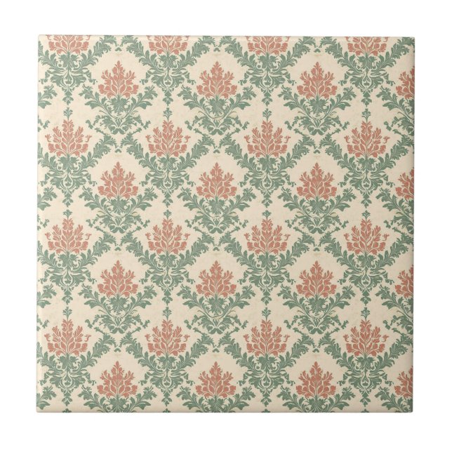 Rot-grünes Vintage-Damaskus-Muster Fliese (Vorderseite)