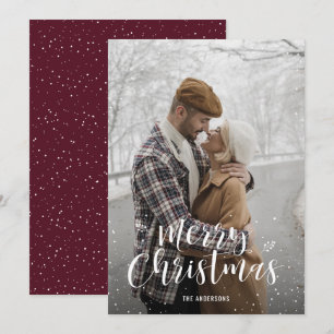 Rot handgeschriebene Schneefoto-Weihnachtskarten Feiertagskarte