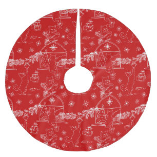 Rot handgezeichnete Katzen & Weihnachtsbaum Polyester Weihnachtsbaumdecke