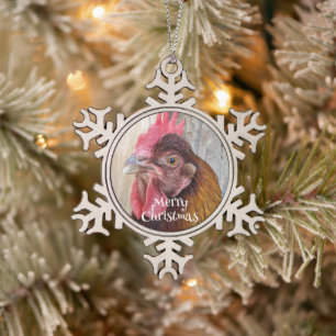 Rot-Huhn-Hühner-Foto Schneeflocken Zinn-Ornament