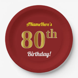 Rot, Imitat-Gold80. Geburtstag + Individueller Pappteller