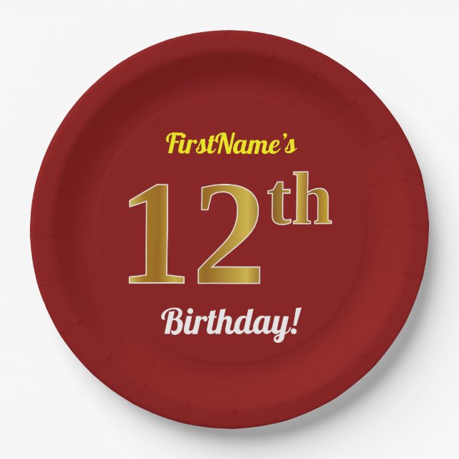 Rot, Imitate Gold 12. Geburtstag + Individuelle Na Pappteller (Vorderseite)