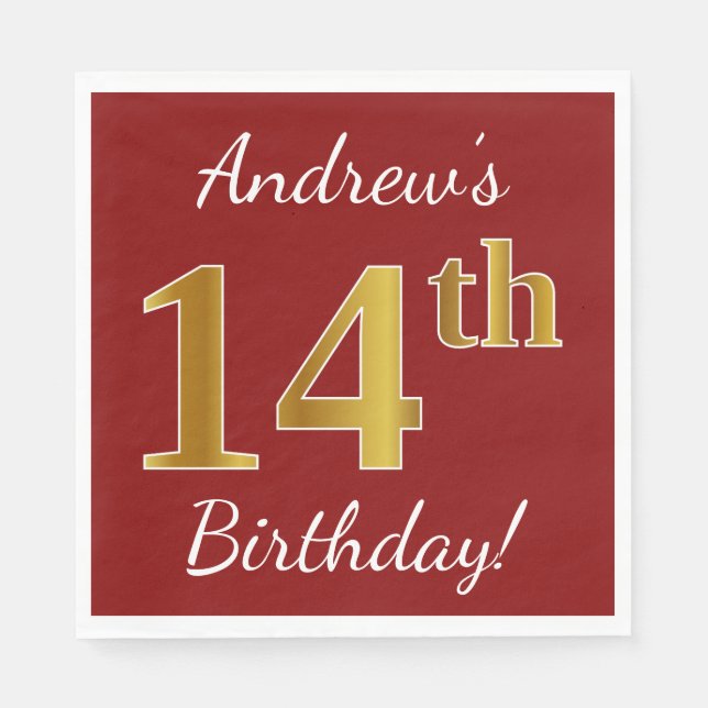 Rot, Imitate Gold 14. Geburtstag + Individuelle Na Serviette (Vorderseite)