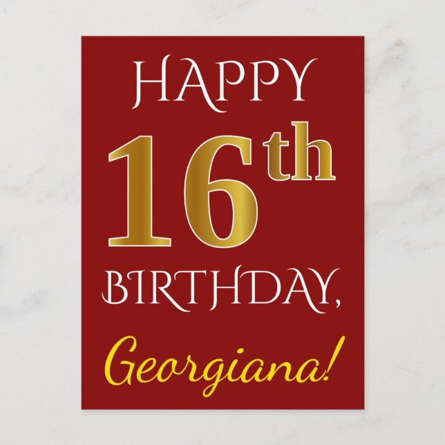 Rot, Imitate Gold 16. Geburtstag + Individuelle Na Postkarte (Vorderseite)