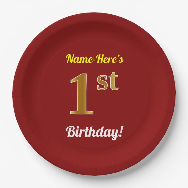 Rot, Imitate Gold 1. Geburtstag + Individuelle Nam Pappteller (Vorderseite)