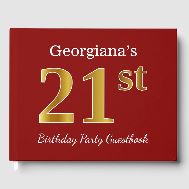 Rot, Imitate Gold 21. Geburtstag Party + Individue Gästebuch (Vorderseite)