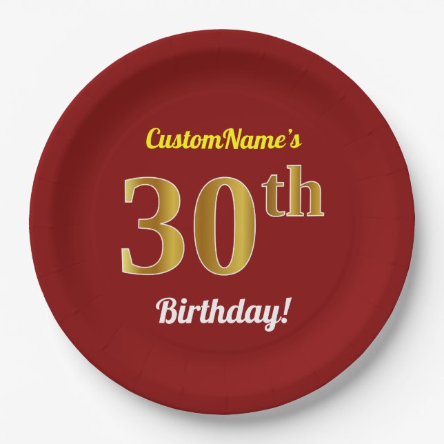 Rot, Imitate Gold 30. Geburtstag + Individuelle Na Pappteller (Vorderseite)
