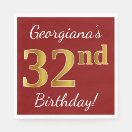 Rot, Imitate Gold 32. Geburtstag + Individuelle Na Serviette