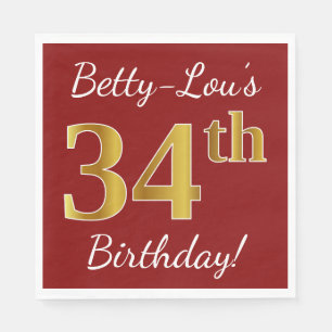 Rot, Imitate Gold 34. Geburtstag + Individuelle Na Serviette