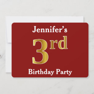 Rot, Imitate Gold 3. Geburtstag Party + Individuel Einladung
