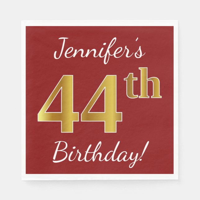 Rot, Imitate Gold 44. Geburtstag + Individuelle Na Serviette (Vorderseite)