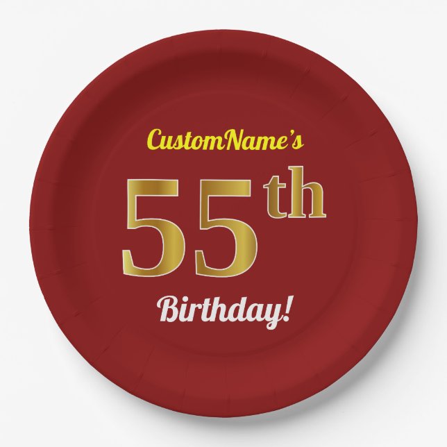 Rot, Imitate Gold 55. Geburtstag + Individuelle Na Pappteller (Vorderseite)