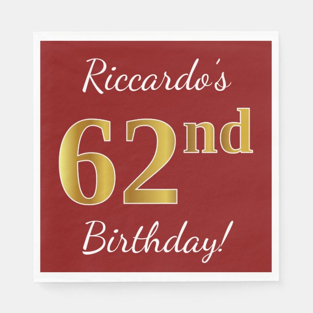 Rot, Imitate Gold 62. Geburtstag + Individuelle Na Serviette (Vorderseite)
