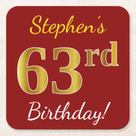 Rot, Imitate Gold 63. Geburtstag + Individuelle Na Rechteckiger Pappuntersetzer