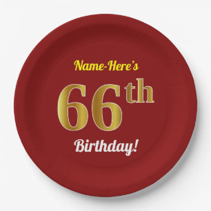 Rot, Imitate Gold 66. Geburtstag + Individuelle Na Pappteller