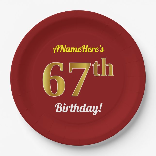Rot, Imitate Gold 67. Geburtstag + Individuelle Na Pappteller (Vorderseite)