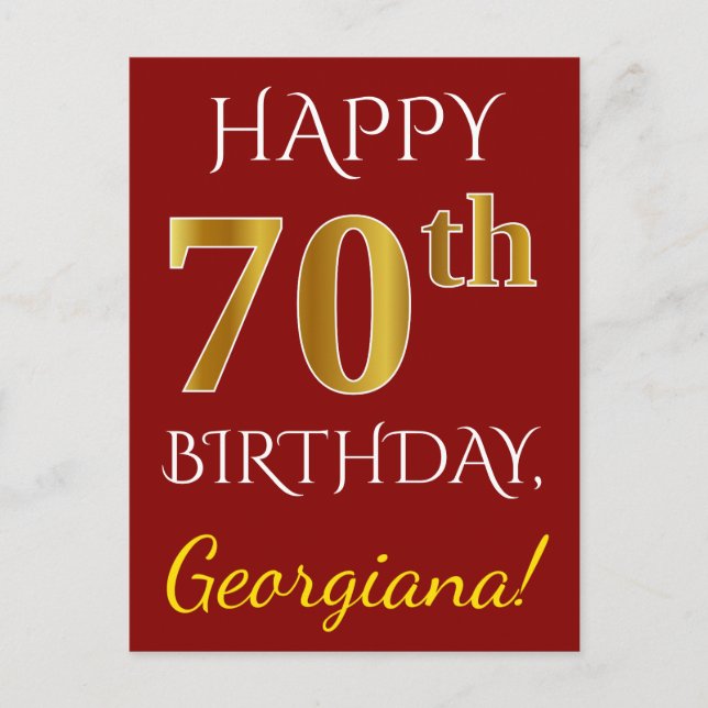 Rot, Imitate Gold 70. Geburtstag + Individuelle Na Postkarte (Vorderseite)