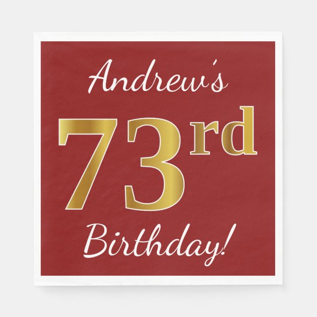 Rot, Imitate Gold 73. Geburtstag + Individuelle Na Serviette (Vorderseite)