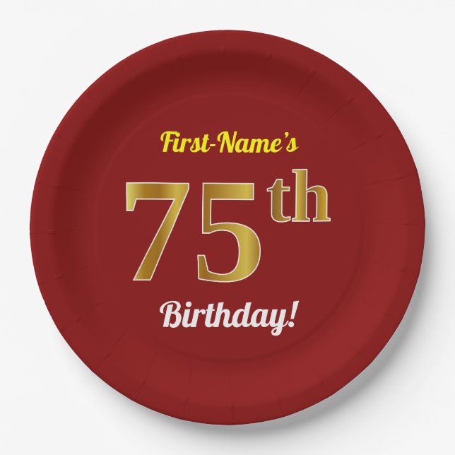 Rot, Imitate Gold 75. Geburtstag + Individuelle Na Pappteller (Vorderseite)