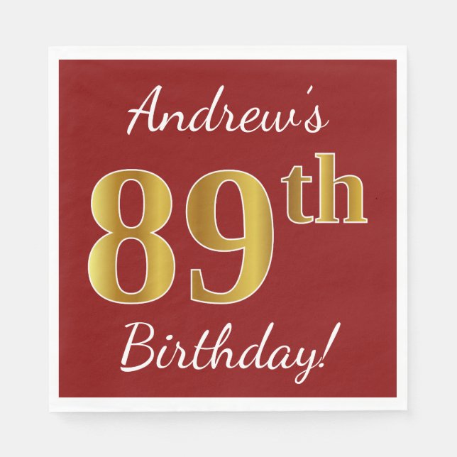 Rot, Imitate Gold 89. Geburtstag + Individuelle Na Serviette (Vorderseite)
