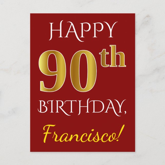 Rot, Imitate Gold 90. Geburtstag + Individuelle Na Postkarte (Vorderseite)