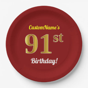 Rot, Imitate Gold 91. Geburtstag + Individuelle Na Pappteller