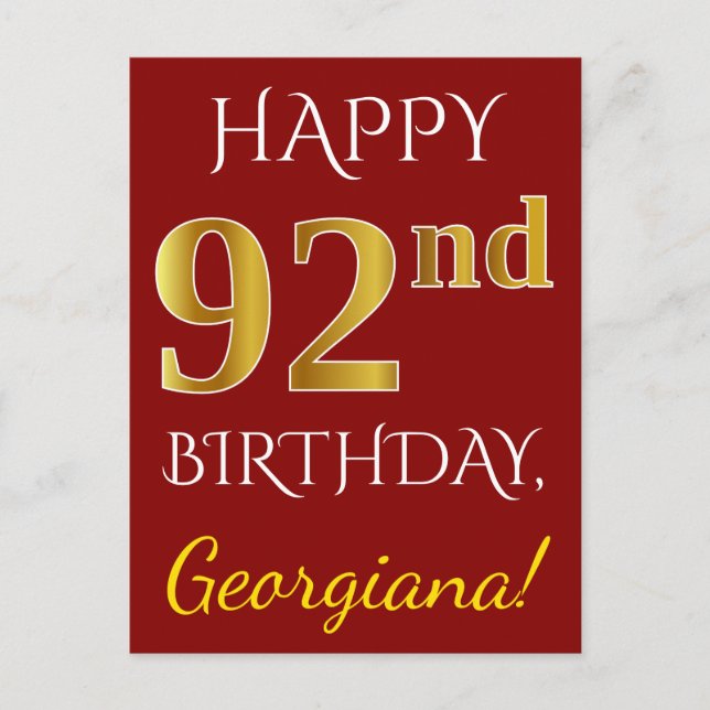Rot, Imitate Gold 92. Geburtstag + Individuelle Na Postkarte (Vorderseite)