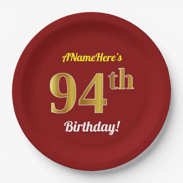 Rot, Imitate Gold 94. Geburtstag + Individuelle Na Pappteller (Vorderseite)