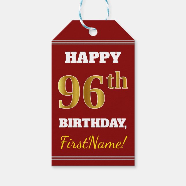 Rot, Imitate Gold 96. Geburtstag + Individuelle Na Geschenkanhänger (Vorderseite)