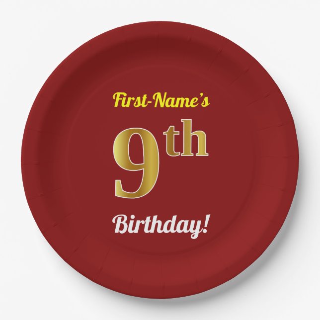 Rot, Imitate Gold 9. Geburtstag + Individuelle Nam Pappteller (Vorderseite)