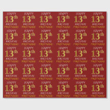 Rot, Imitate Gold "HAPPY 13. GEBURTSTAG"