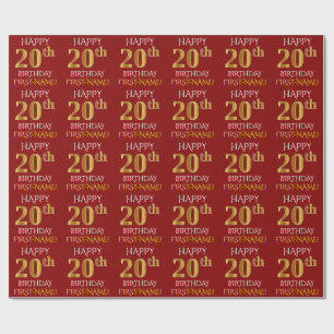 Rot, Imitate Gold "HAPPY 20. GEBURTSTAG" Geschenkpapier