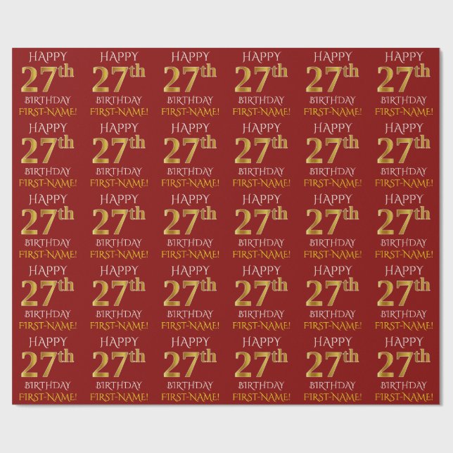 Rot, Imitate Gold "HAPPY 27. GEBURTSTAG" Geschenkpapier (Flach)