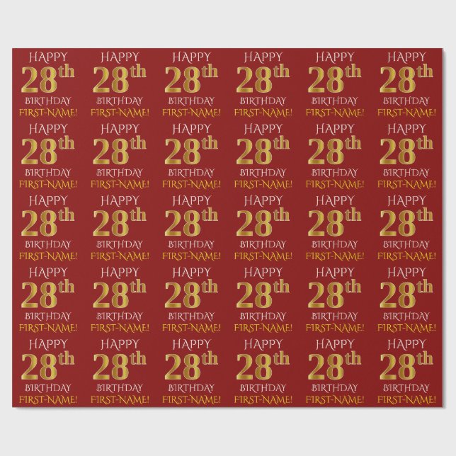 Rot, Imitate Gold "HAPPY 28. BIRTHDAY" Geschenkpapier (Flach)
