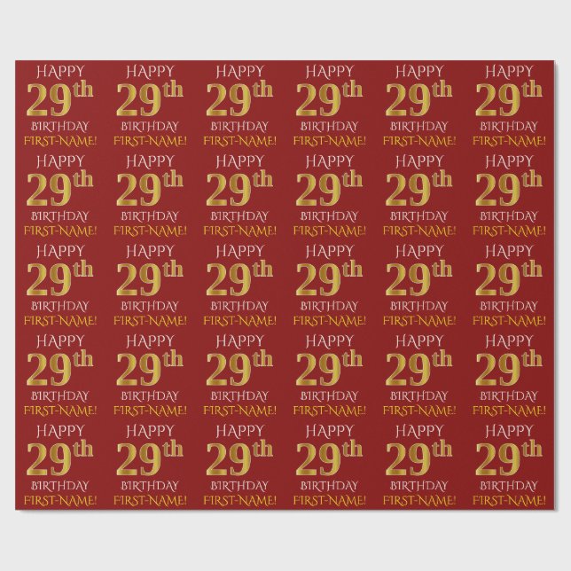 Rot, Imitate Gold "HAPPY 29. GEBURTSTAG" Geschenkpapier (Flach)