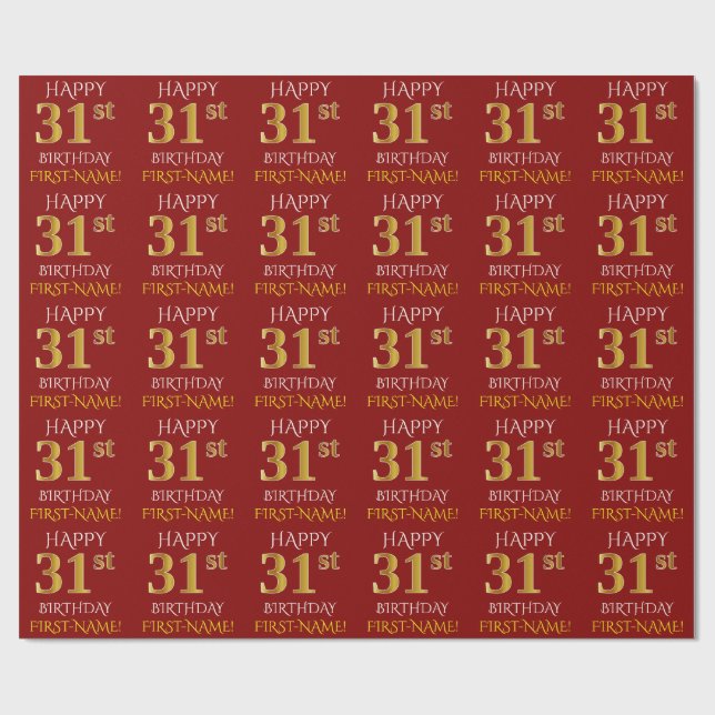 Rot, Imitate Gold "HAPPY 31. BIRTHDAY" Geschenkpapier (Flach)