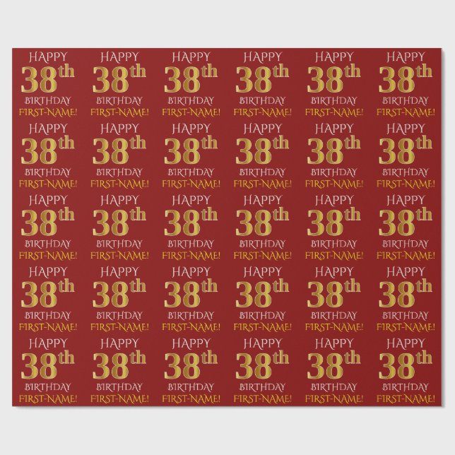 Rot, Imitate Gold "HAPPY 38. BIRTHDAY" Geschenkpapier (Flach)