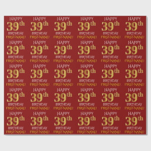 Rot, Imitate Gold "HAPPY 39. BIRTHDAY" Geschenkpapier