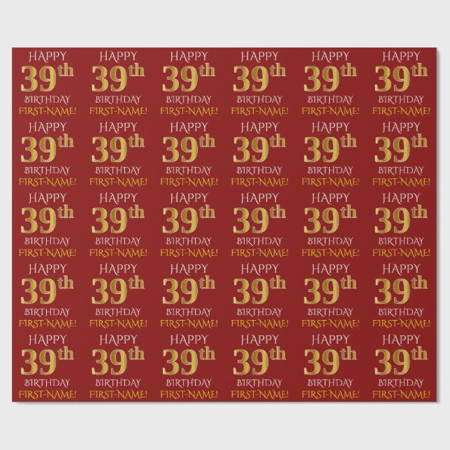 Rot, Imitate Gold "HAPPY 39. BIRTHDAY" Geschenkpapier (Flach)